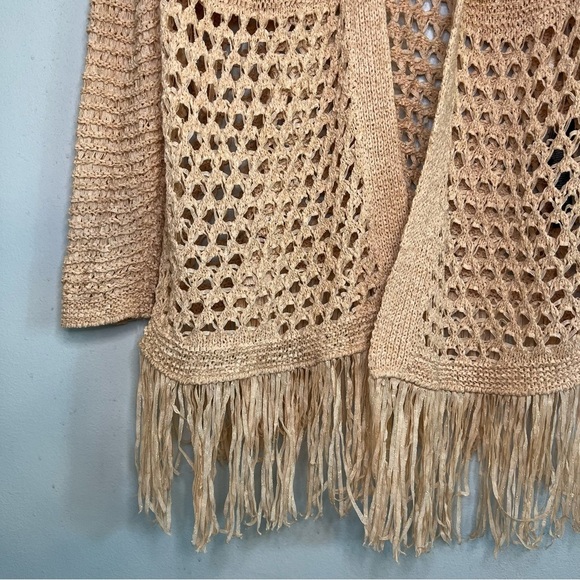 Chicos Sz L Peach Shimmer Boho Longline Fringe Cardigan Open Loose Knit Vacation - Picture 3 of 10